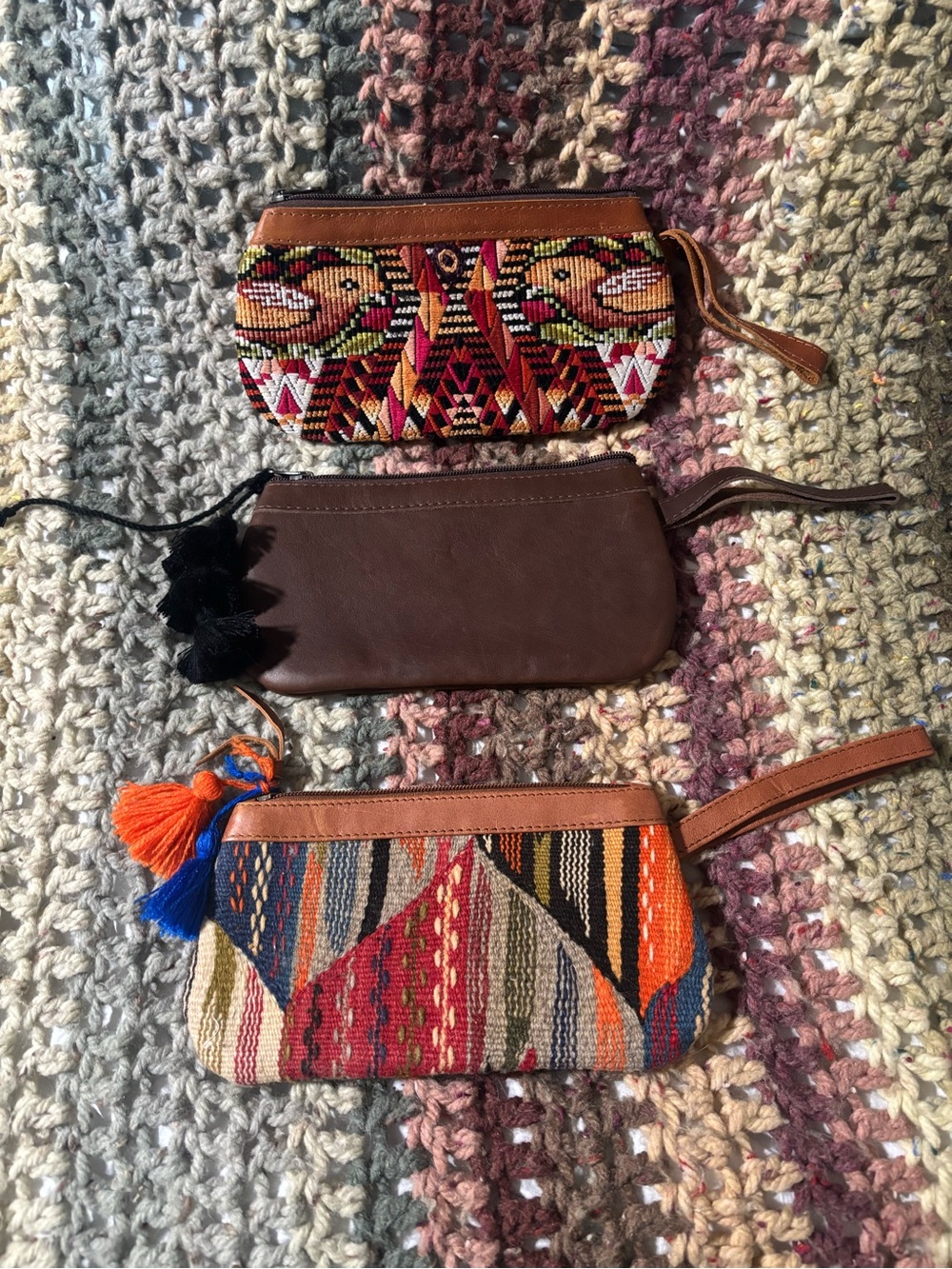 Nena & Co Artisan Wristlet Pouches Set of 3 Handwoven Guatemala Leather